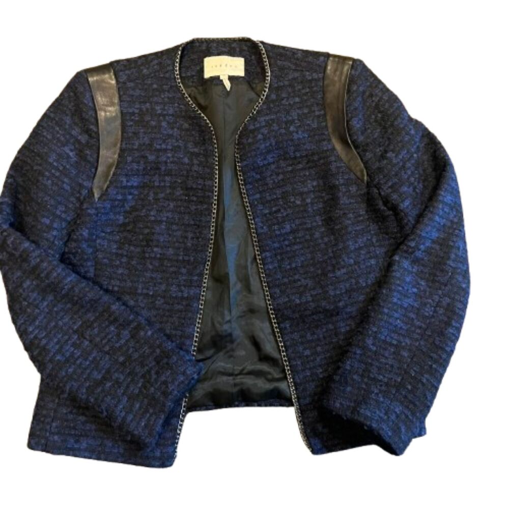 Sandro Paris Wool & Leather Blue Marine Black Knit Jacket w/ Chain Size 36 /US 4 - Picture 7 of 8